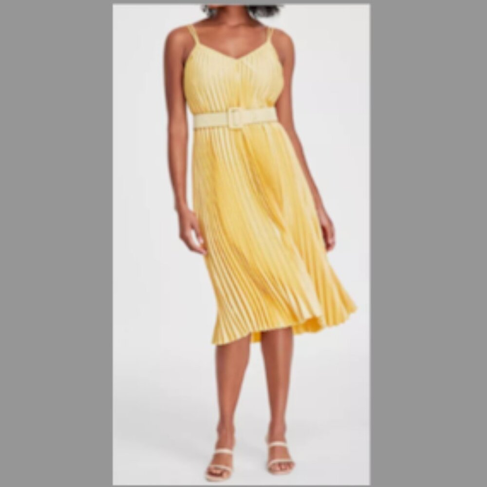 Sam Edelman Women's Belted V-Neck Pleated Dress Yellow Size 14